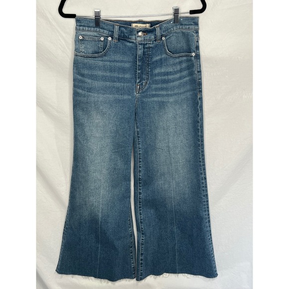 Madewell Denim - Madewell Flared Wide Leg Jeans Medium Wash High Rise Raw Hem Women's 29 Stretch
